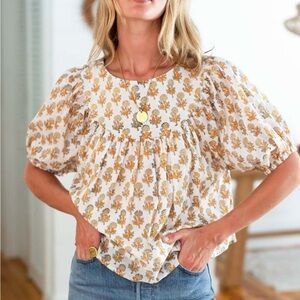 Emerson Fry Dahlia Top Blouse Marigold Floral Block Print Organic Cotton Boho S